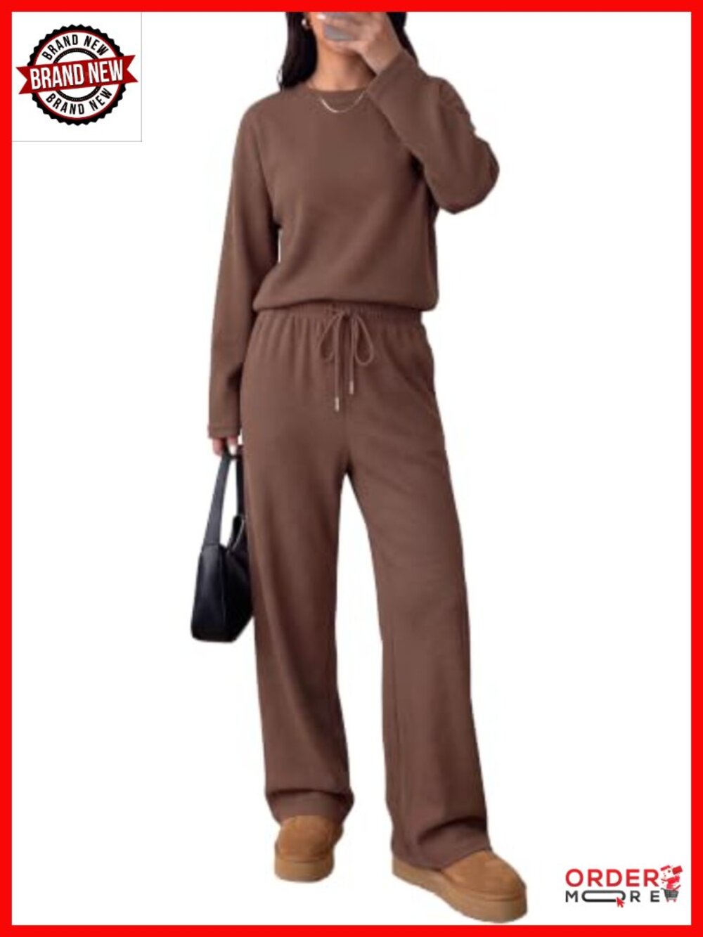 Waffle Knit 2 Piece Lounge Set Long Sleeve Wide Leg Drawstring Pants